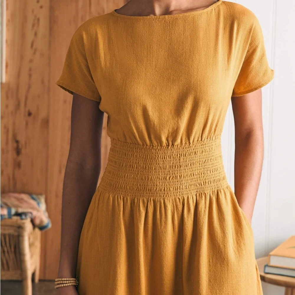 Faherty Coast to Coast Midi Dress Smocked Waist Cotton Honey Mustard Size M NWT - Picture 4 of 14